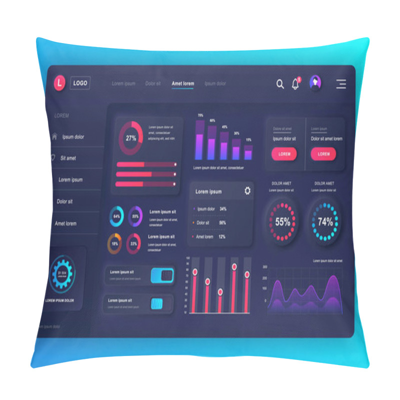 Personality  Neumorphic Dashboard UI Kit. Admin Panel Vector Design Template With Infographic Elements, HUD Diagram, Info Graphics. Website Dashboard For UI And UX Design Web Page. Neumorphism Style. Pillow Covers