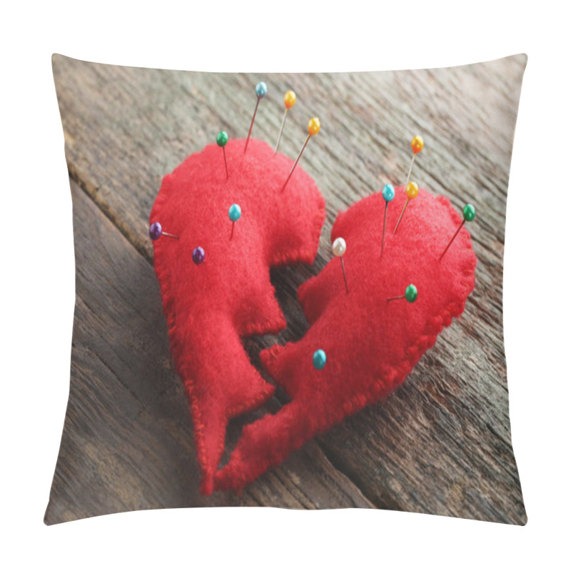 Personality  Broken Red Heart With Needles On Grey Wooden Table Pillow Covers