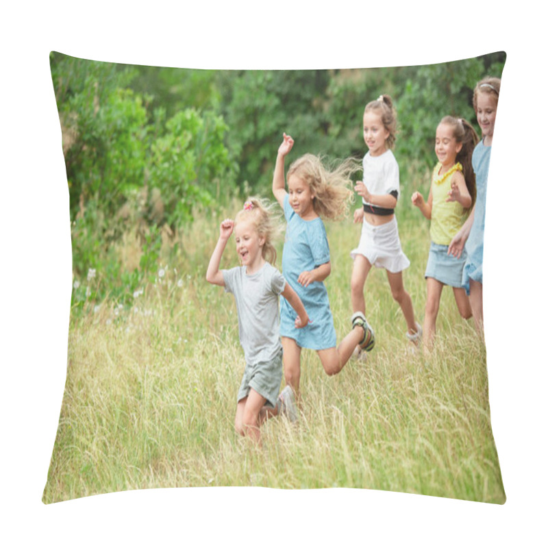 Personality  Kids, Children Running On Green Meadow, Forest. Childhood And Summertime Pillow Covers