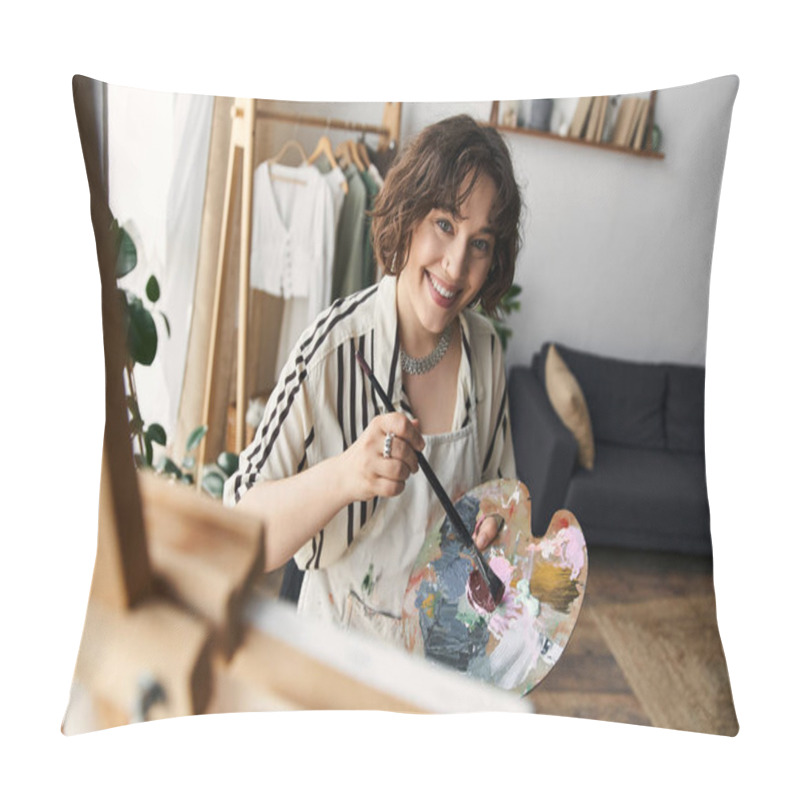 Personality  A Talented Young Woman With Curly Hair Passionately Paints, Enjoying Her Creative Space. Pillow Covers