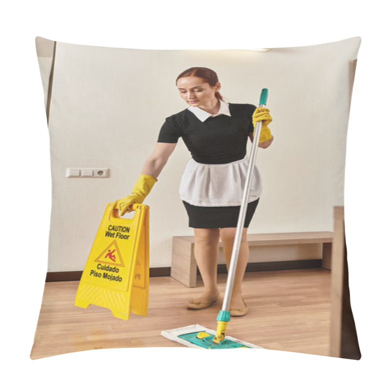 Personality  Young Woman Diligently Mops The Floor In A Bright, Contemporary Space With Care. Pillow Covers