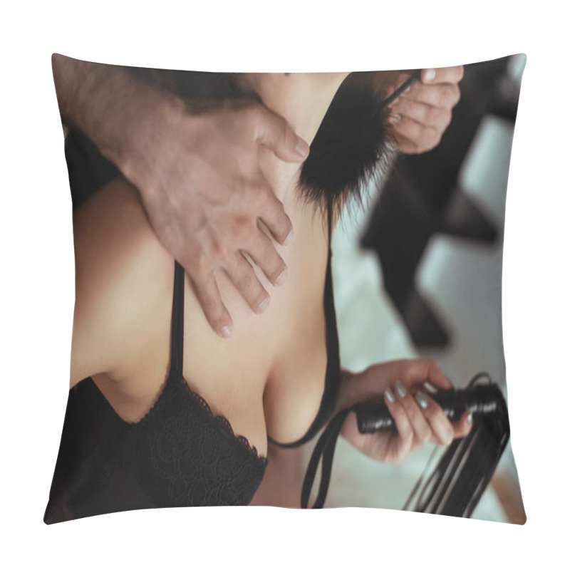 Personality  Cropped View Of Man Touching Woman Neck With Feather Tickler Pillow Covers