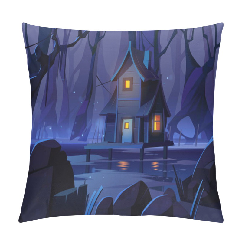 Personality  Wooden Mystic Stilt House On Swamp In Night Forest Pillow Covers