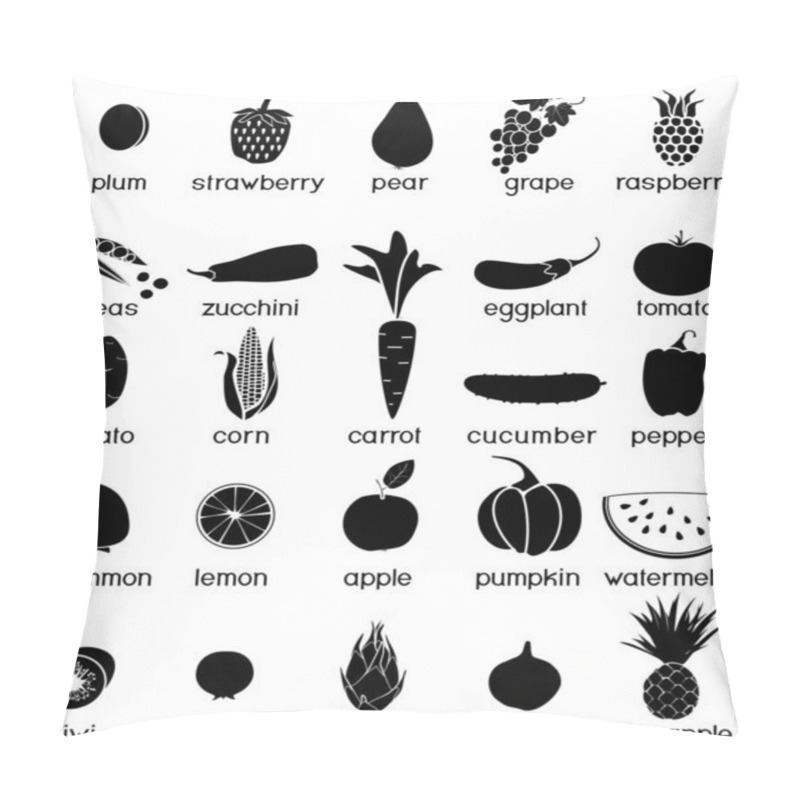 Personality  Big Set Of Black Silhouettes Of Different Vegetables And Fruits In Flat Style Isolated On White Background Pillow Covers