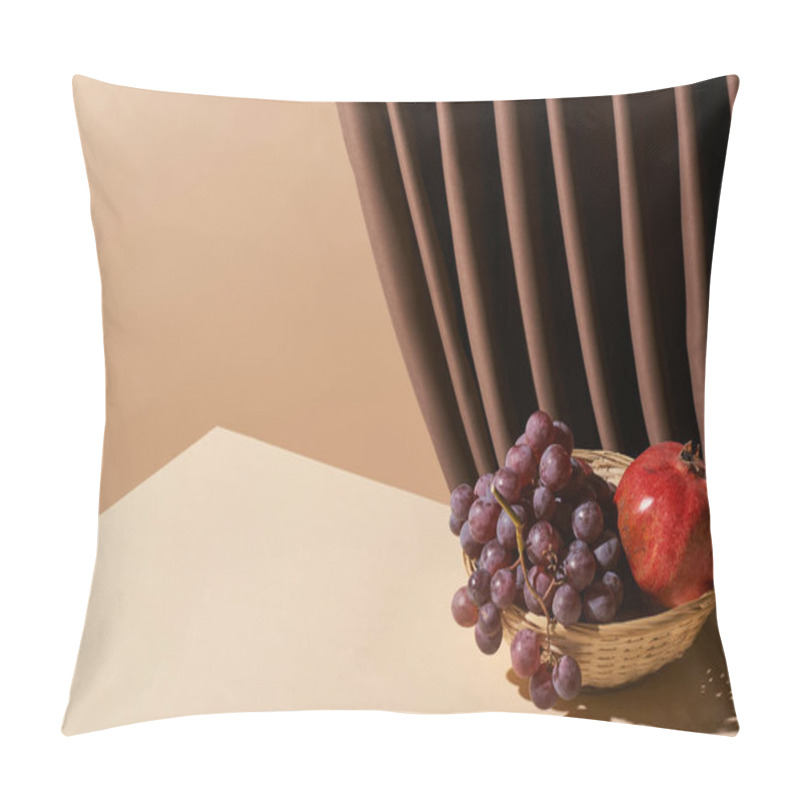 Personality  Classic Still Life With Pomegranate And Grape In Wicker Basket On Table Near Curtain Isolated On Beige Pillow Covers