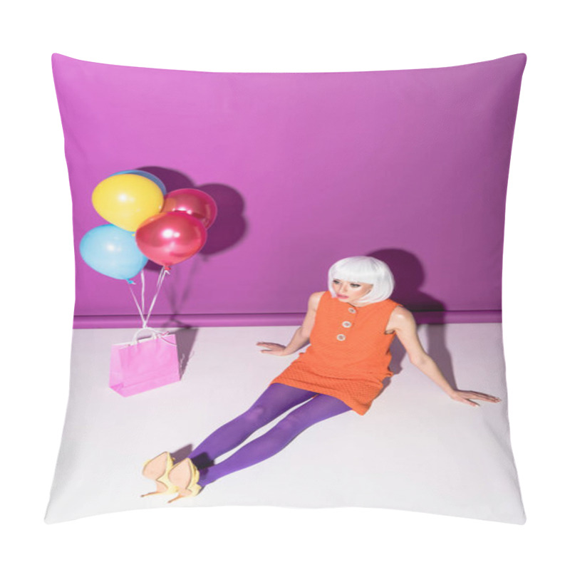 Personality  Gorgeous Girl In White Wig With Air Balloons Sitting On Purple Background Pillow Covers