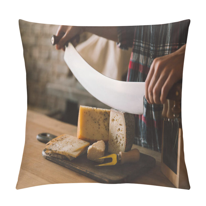 Personality  Cropped Shot Of Woman Cutting Delicious Cheese With Double Handled Knife Pillow Covers