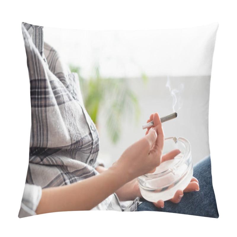 Personality  Cropped View Of Of Mature Woman Holding Joint With Legal Marijuana And Ashtray Pillow Covers