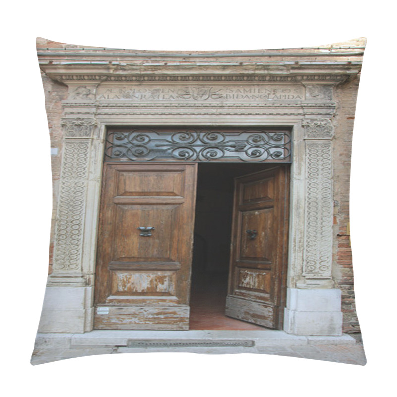 Personality  Ancient Wood Oak Door With Marble Frame Portal On Old Brick Wall Pillow Covers