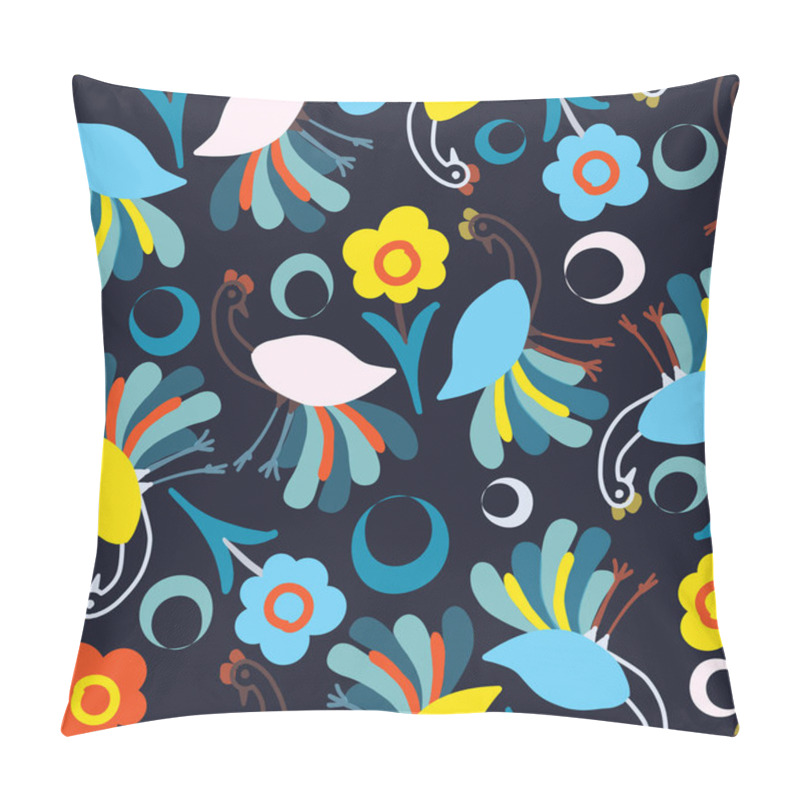 Personality  Dark Blue With Whimsical Peacock And Flowery And Colourful Moons Seamless Pattern Background Design. Pillow Covers