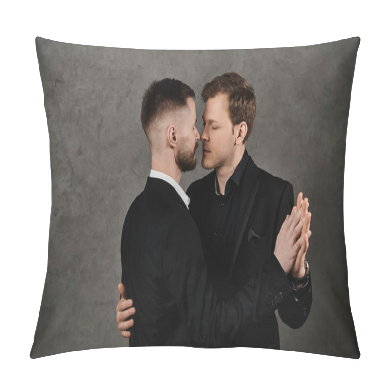 Personality  Two Men In Black Suits Stand Close Together, Embracing And Looking Lovingly Into Each Others Eyes. Pillow Covers