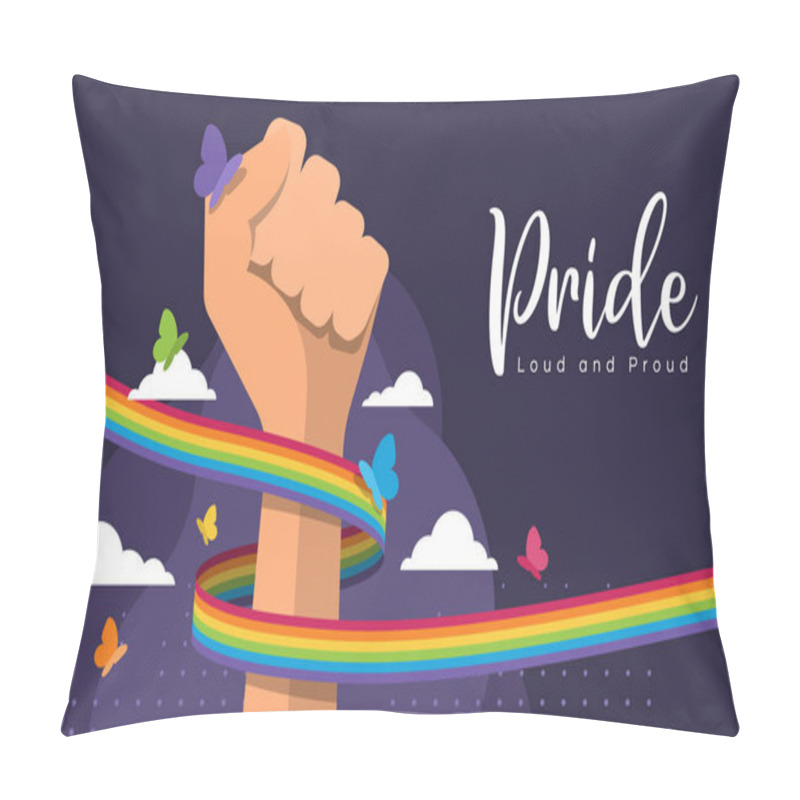 Personality  Pride, Loud And Proud Text - Rainbow Pride Ribbon Around Hand Fight And Butterfly Flying On Dark Purple Background Vector Design Pillow Covers