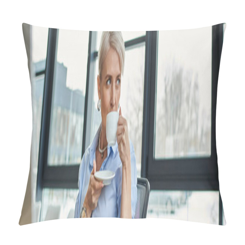 Personality  Middle Aged Businesswoman With Short Hair Enjoys A Quiet Moment, Sitting At Her Desk And Sipping A Cup Of Coffee. Pillow Covers