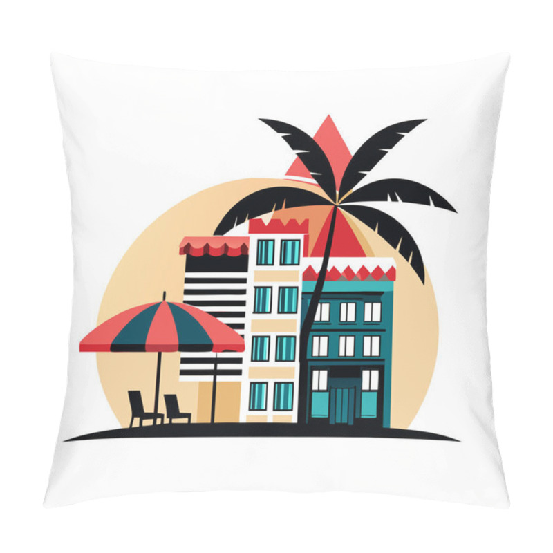 Personality  Summer Vibes Hotel Logo, Palm Tree, Sunshade, And Cityscape In Circle - Perfect For Travel Branding Pillow Covers