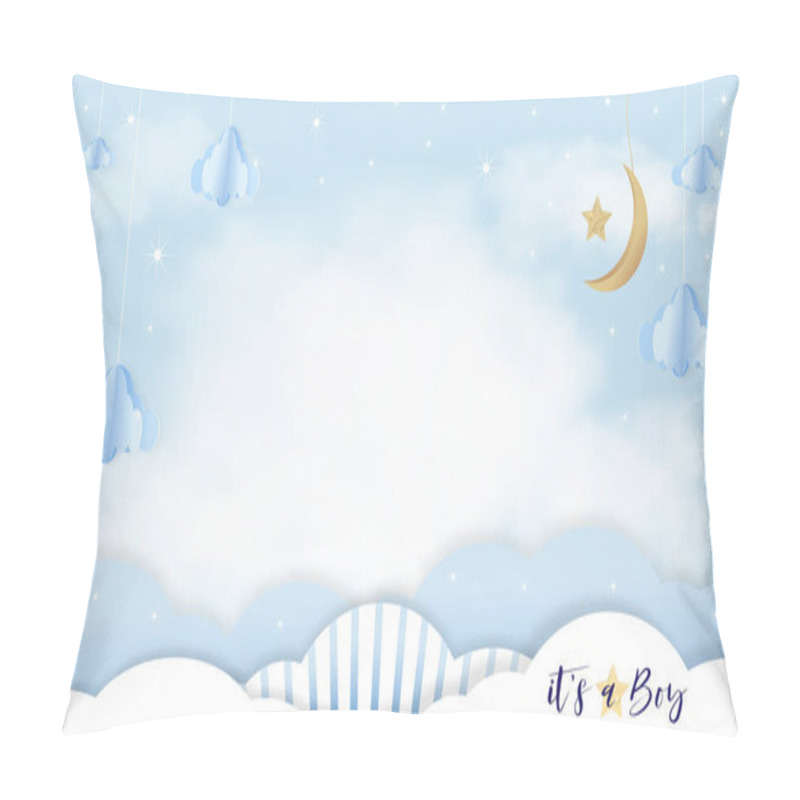 Personality  Vector For Baby Boy Shower Card On Blue Background,Cute Paper Art Abstract Origami Cloudscape, Crescent Moon And Stars Hanging On Blue Sky,Fluffy Clouds With Copy Space For Baby's Photos Pillow Covers