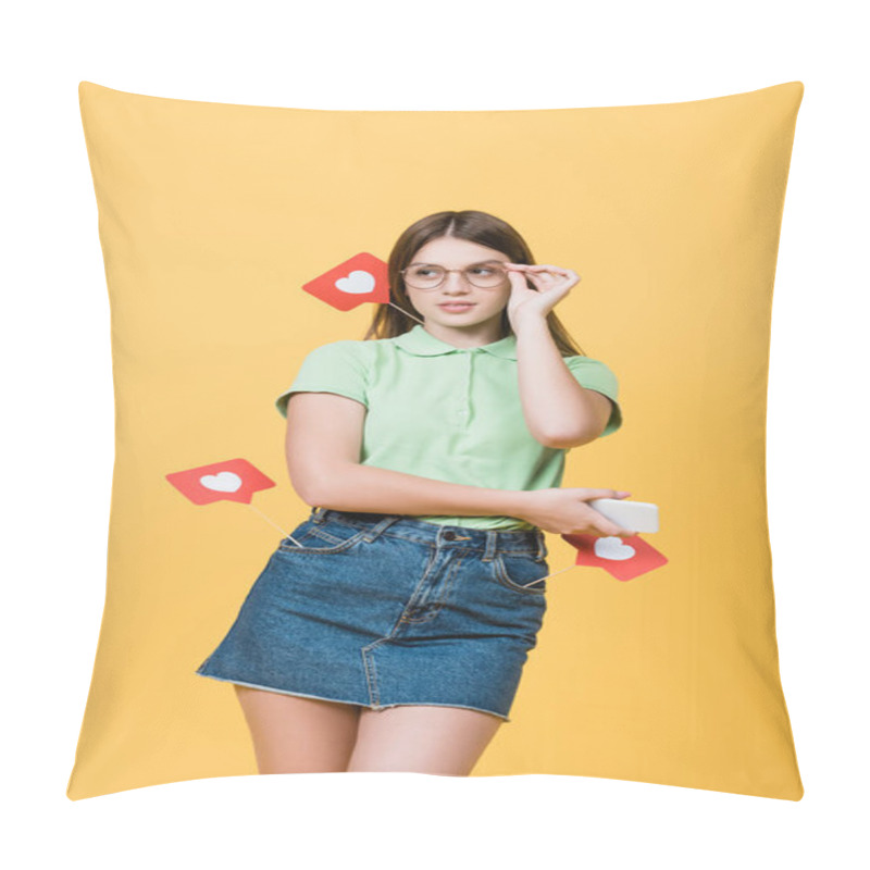 Personality  Teenager With Smartphone And Paper Hearts On Sticks Adjusting Eyeglasses Isolated On Yellow Pillow Covers