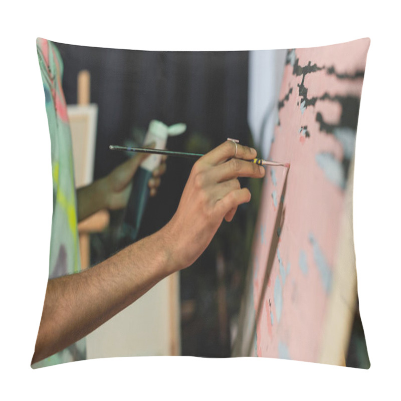 Personality  Cropped View Of African American Artist Painting On Canvas In Workshop  Pillow Covers