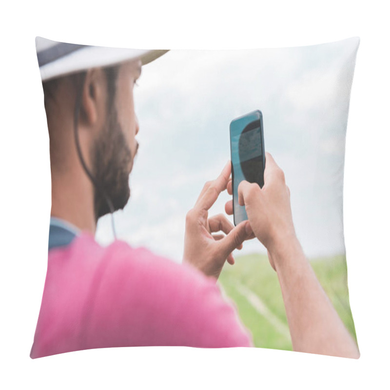 Personality  Male Tourist With Backpack Taking Photo On Smartphone On Meadow Pillow Covers