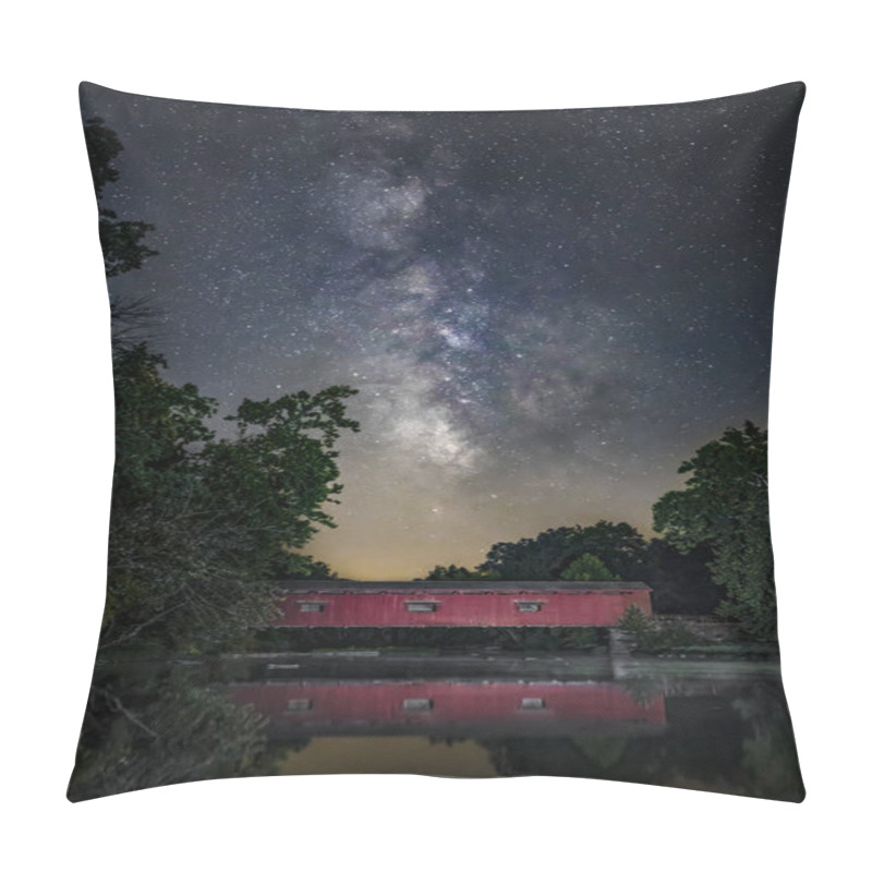 Personality  Reflected In The Waters Of Owen County, Indiana's Mill Creek, Cataract Covered Bridge Is Topped By The Milky Way On A Clear Summer Night. Pillow Covers