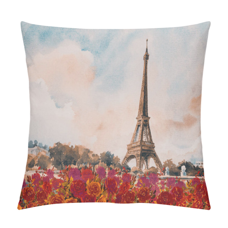 Personality  Paris European City Landscape. France, Eiffel Tower Famous, With Red Roses Romantic The Seine River View In Autumn, Watercolor Painting Illustration Vintage Style, Skyline Background. World Landmark Pillow Covers