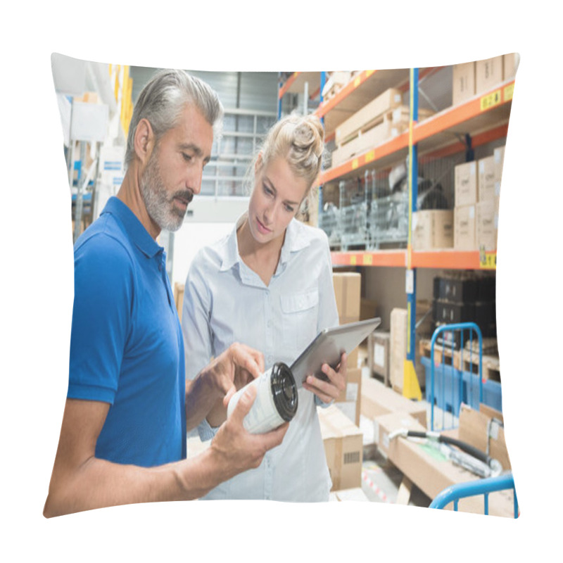 Personality  Two Automotive Warehouse Workers At Work Pillow Covers