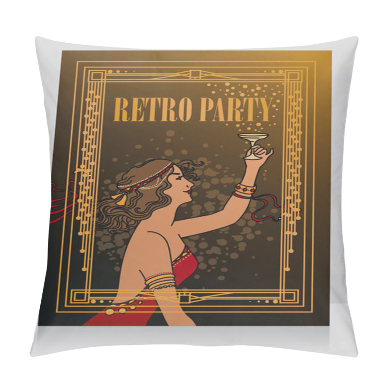 Personality  Old Fashioned Poster In Art Nouveau Style With Retro Woman Drinking Champagne And Classical Frame, Can Be Used As Party Invitation, Vector Illustration Pillow Covers