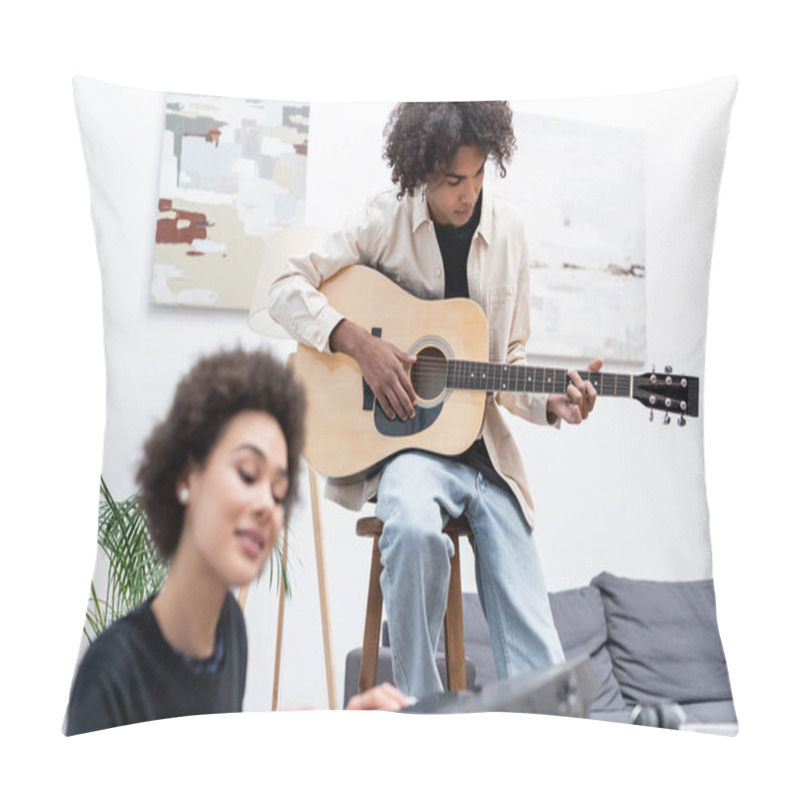 Personality  African American Man Playing Acoustic Guitar Near Blurred Girlfriend With Synthesizer At Home  Pillow Covers