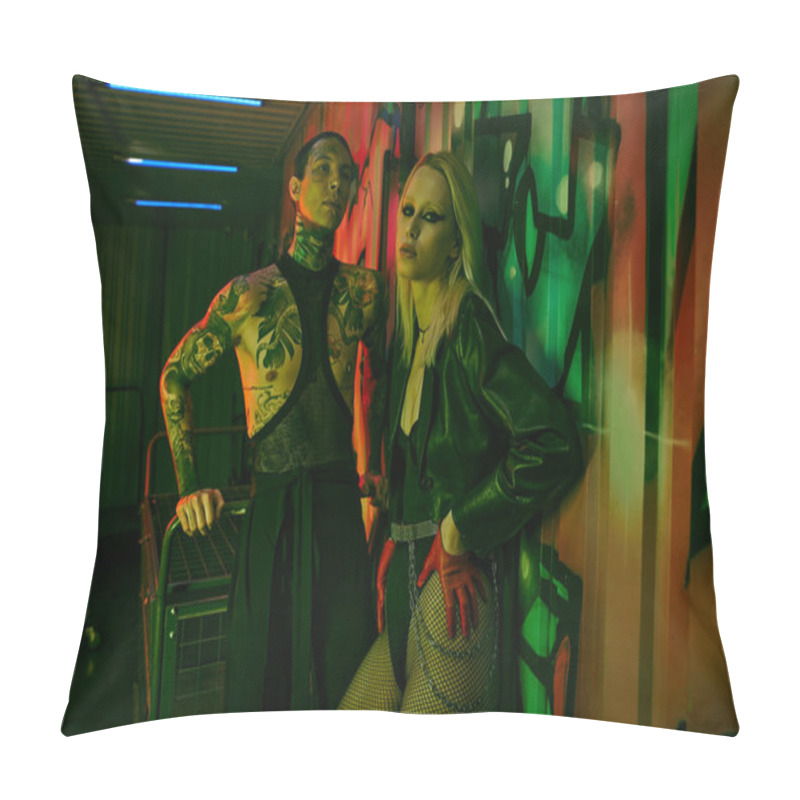 Personality  A Man And A Woman Standing Side By Side At A Lively Rave Party Pillow Covers