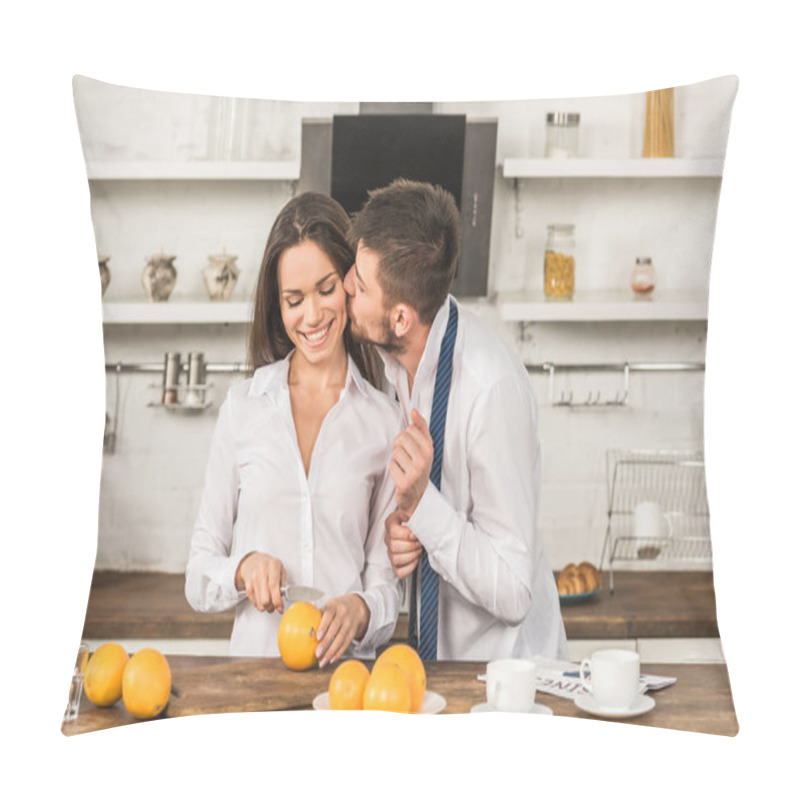 Personality  Boyfriend Kissing Girlfriend While She Cutting Oranges In Morning At Kitchen, Gender Stereotypes Concept Pillow Covers