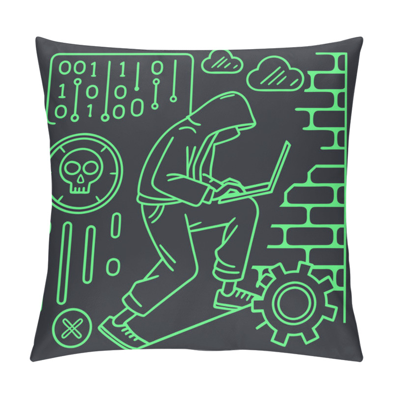 Personality  A Bold Vector Featuring Hacker Motifs In Neon Green Against Dark Backgrounds, Symbolizing Cybersecurity, Hacking Culture, And Technology. Pillow Covers