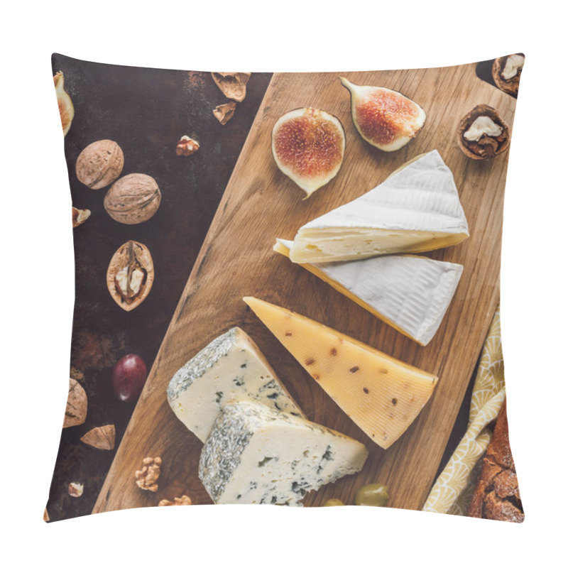 Personality  Food Composition With Assorted Cheese, Figs And Hazelnuts On Dark Tabletop Pillow Covers