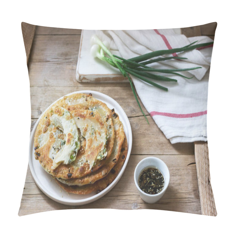 Personality  Homemade Appetizing Scallion Pancakes And A Bunch Of Green Onions. Rustic Style. Pillow Covers