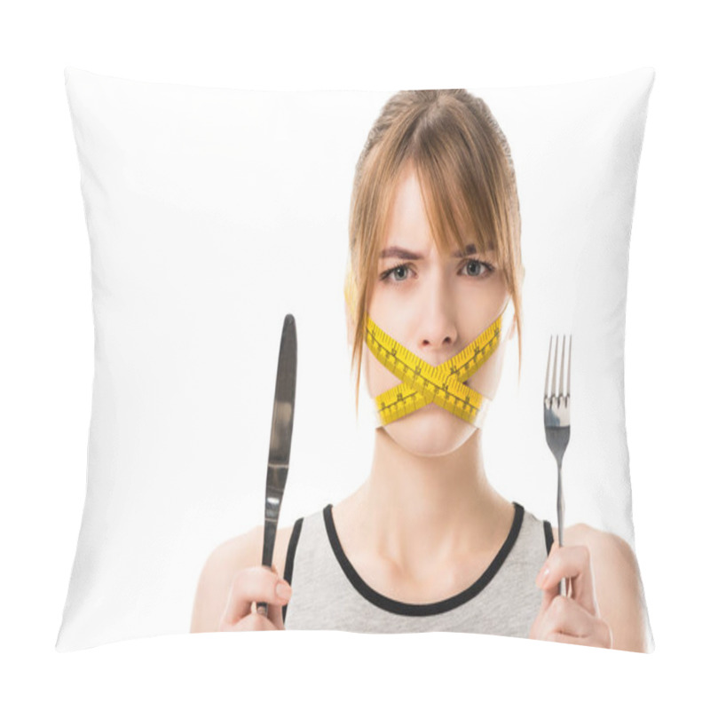 Personality  Young Woman With Measuring Tape Tied Around Her Mouth Holding Fork And Knife Isolated On White Pillow Covers