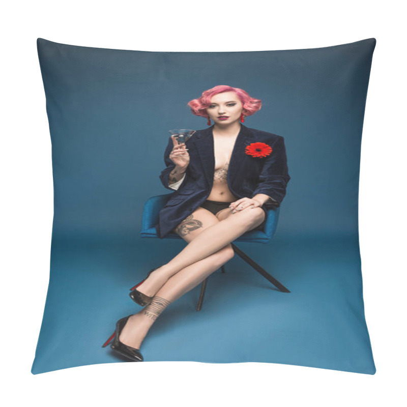 Personality  Beautiful Tattoed Pin Up Girl With Wineglass Sitting On Armchair Infront Of Blue Background Pillow Covers