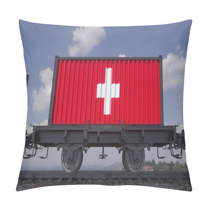 Personality  Containers With The Flag Of Switzerland. Railway Transportation. 3d Illustration. Pillow Covers