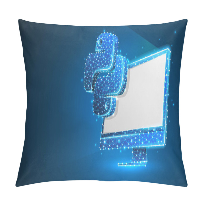 Personality  Python Coding Language Sign On White Computer Monitor. Device, Programming, Developing Concept. Abstract, Digital, Wireframe, Low Poly Mesh, Vector Blue Neon 3d Illustration. Triangle, Line, Dot, Star Pillow Covers