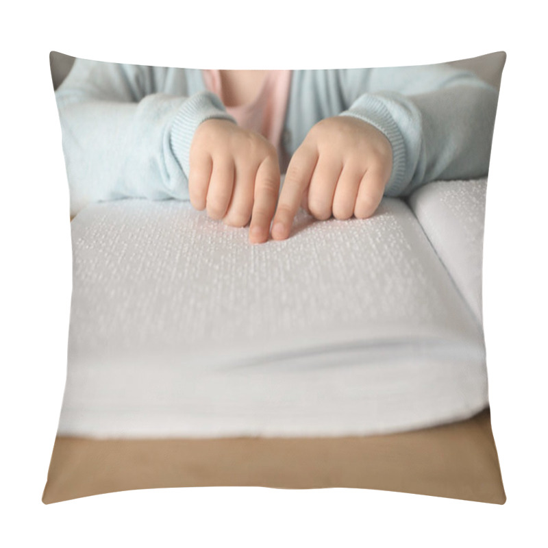 Personality  Blind Child Reading Book Written In Braille At Table, Closeup Pillow Covers