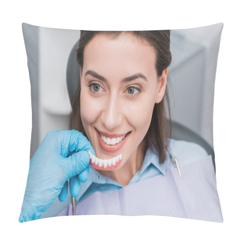 Personality  Cropped View Of Dentist Holding Prosthesis Near Happy Girl In Dental Clinic  Pillow Covers