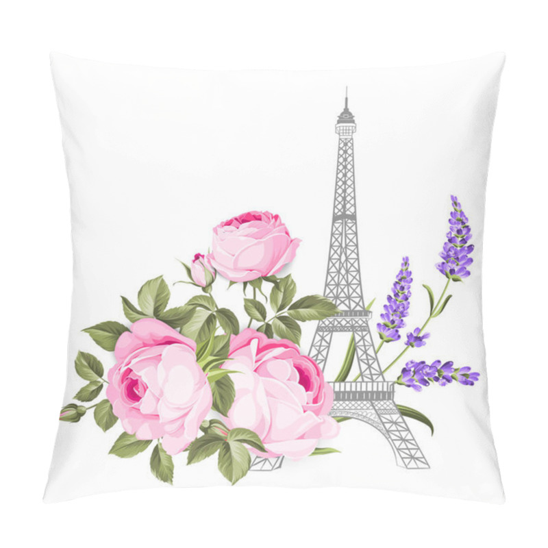 Personality  The Eiffel Tower Card. Eiffel Tower Simbol With Spring Blooming Flowers Over White Background. Pillow Covers