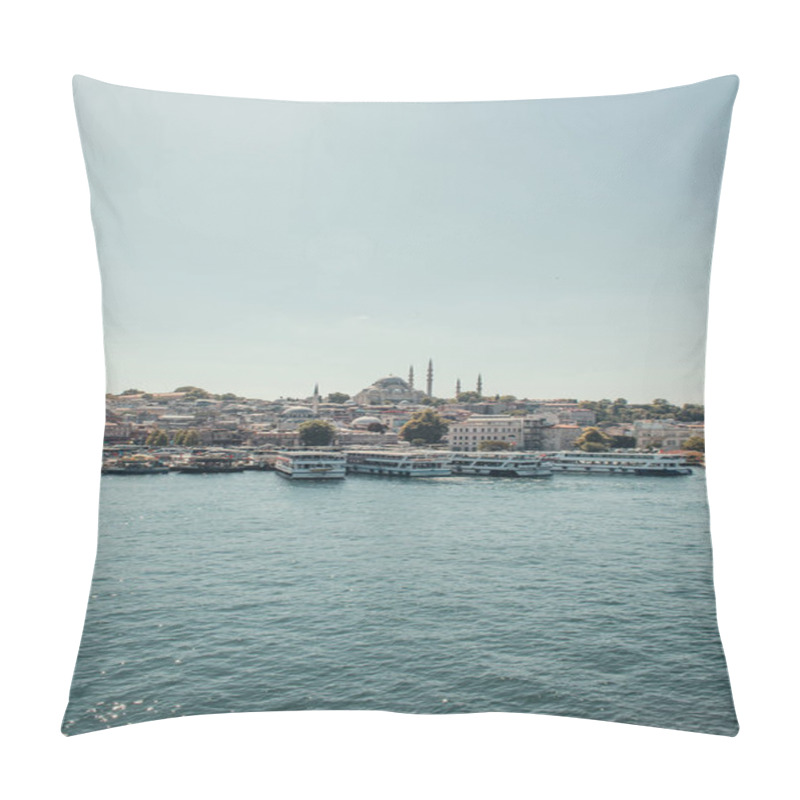 Personality  Vessels Moored On Seashore, And View Of City From Bosphorus Strait, Istanbul, Turkey Pillow Covers