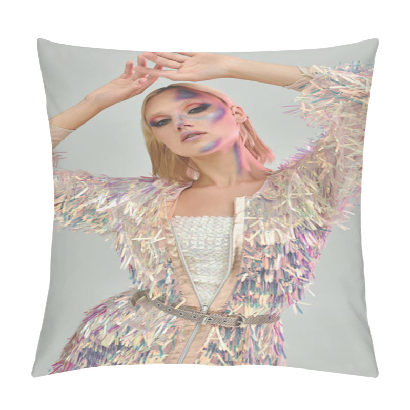 Personality  A Fashionable Young Woman Showcases Her Shimmering Style And Unique Makeup. Pillow Covers