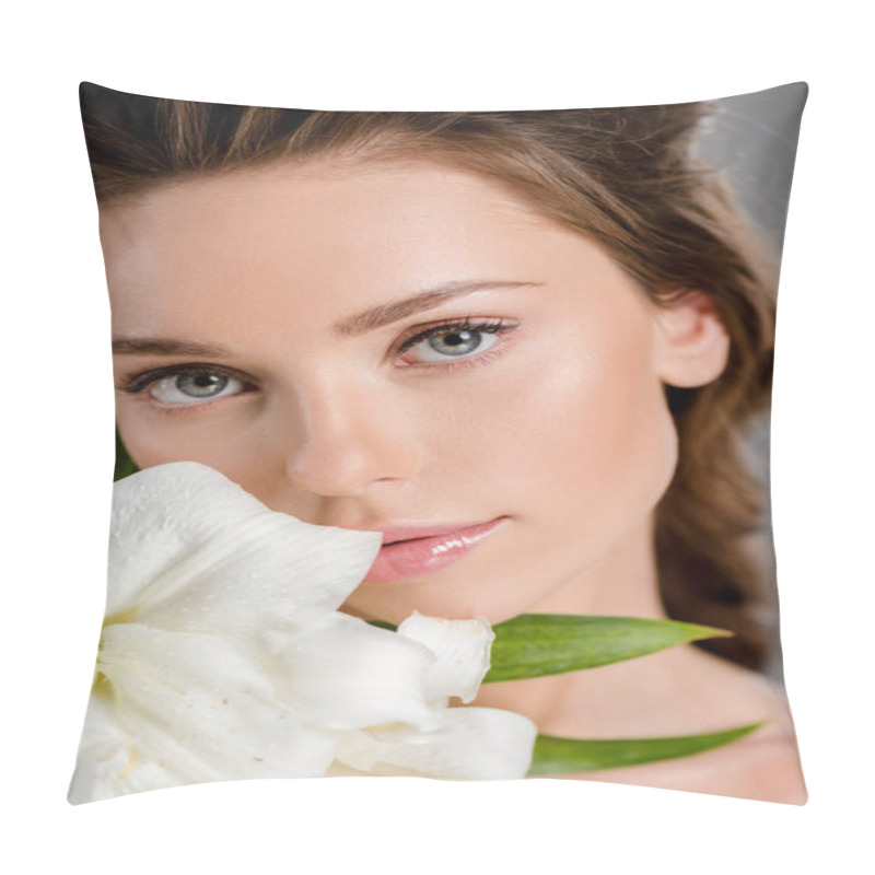 Personality  Pretty Woman Looking At Camera Near White Flowers  Pillow Covers