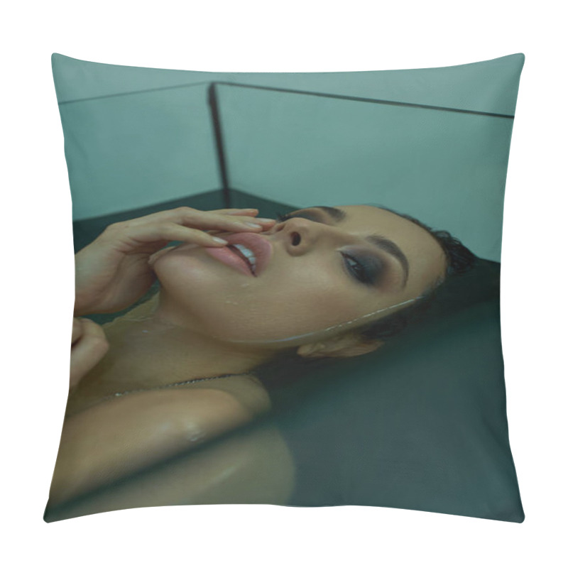 Personality  A Young Woman With Wet Hair Lies Submerged In A Clear, Blue Water, Her Eyes Closed In Peaceful Relaxation. Pillow Covers