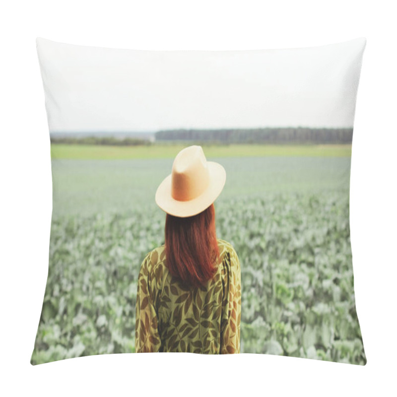 Personality  A Woman In A Field With Cabbage. Autumn Harvest Season Pillow Covers