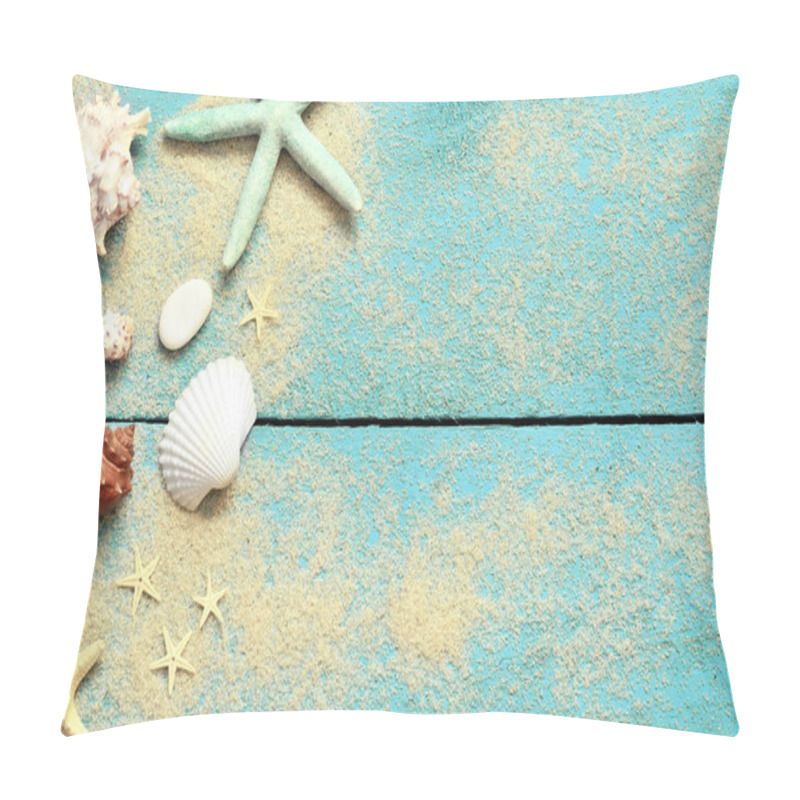 Personality  Summer Sea Background. Starfish, Seashells And Sand On A Wooden Blue Background Pillow Covers