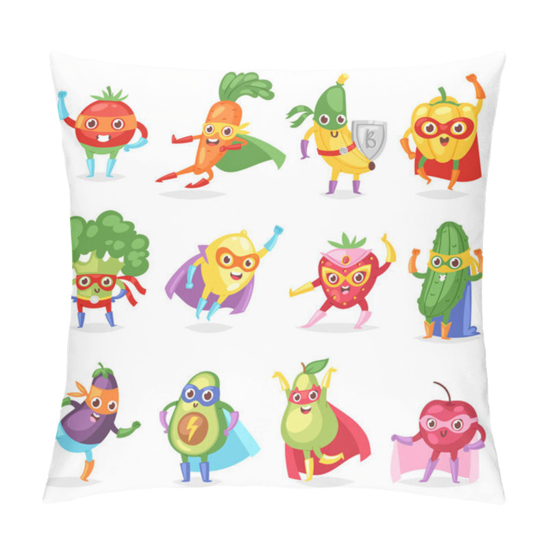 Personality  Superhero Fruits Vector Fruity Cartoon Character Of Super Hero Expression Vegetables With Funny Banana Carrot Or Pepper In Mask Illustration Fruitful Vegetarian Set Isolated On White Background Pillow Covers