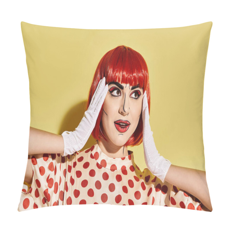 Personality  A Stunning Redhead With Pop Art Makeup Rocks A Polka Dot Dress Against A Yellow Backdrop, Embodying A Comic Book Character. Pillow Covers