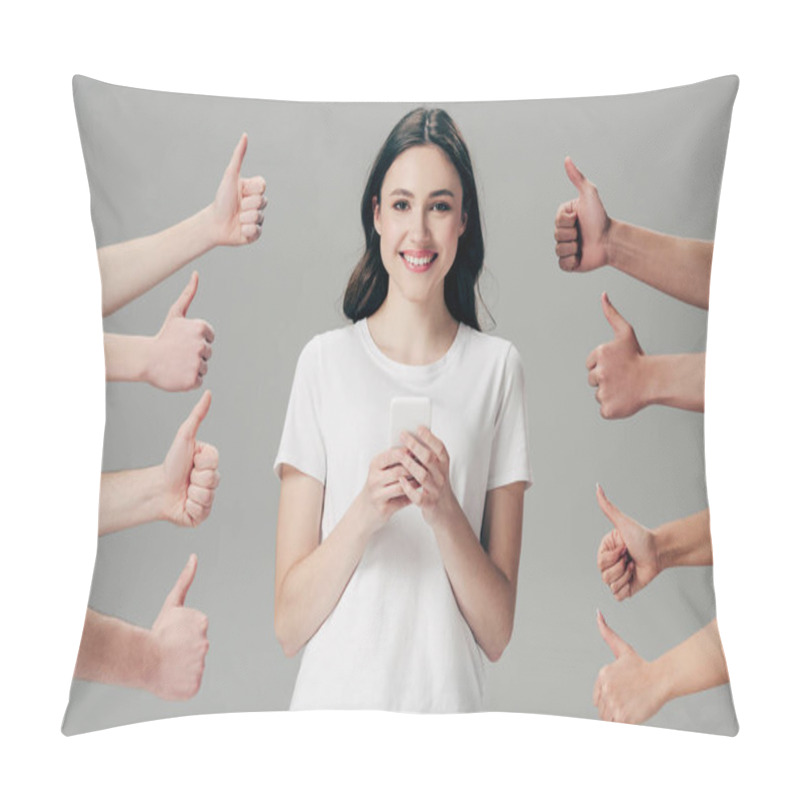 Personality  Partial View Of Men And Women Showing Thumbs Up Near Cheerful Girl With Smartphone Isolated On Grey Pillow Covers