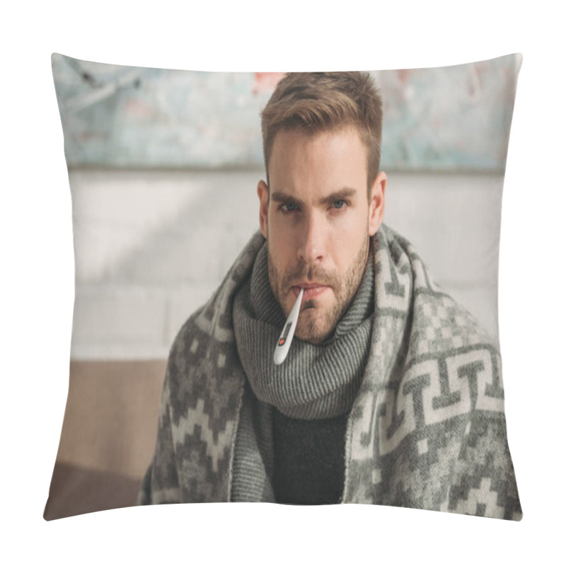 Personality  Unhappy, Diseased Man, Wrapped In Blanket, Looking At Camera While Measuring Temperature Pillow Covers