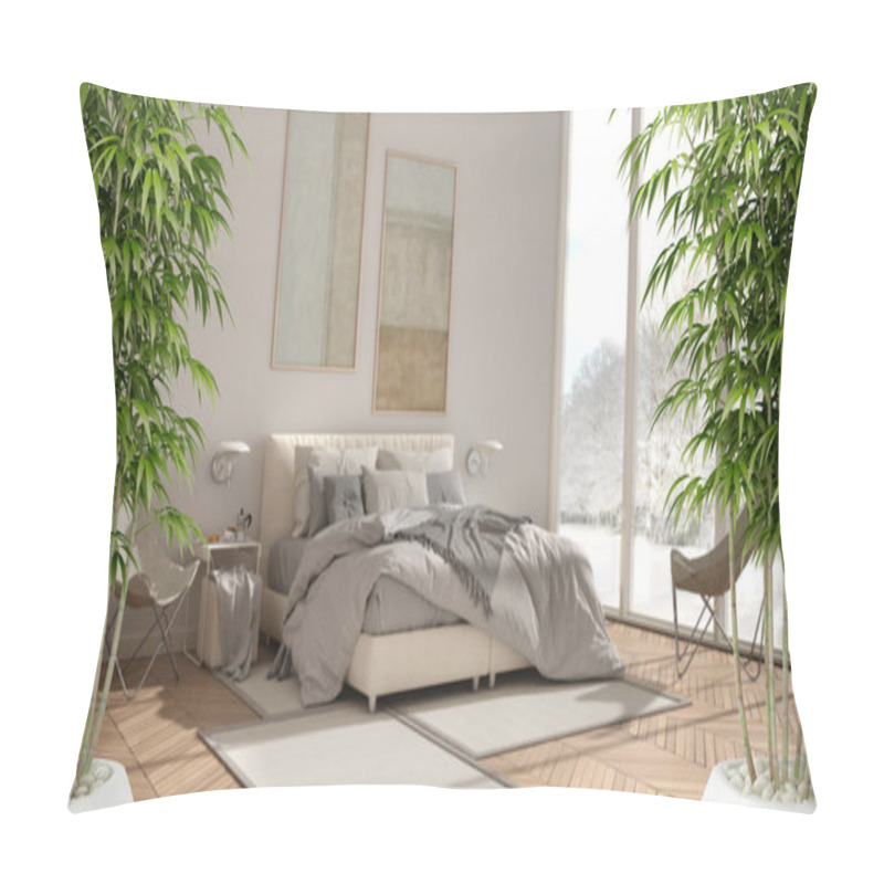 Personality  Zen Interior With Potted Bamboo Plant, Natural Interior Design Concept, Minimalist Luxury Bedroom With Carpets, Double Bed And Window, Contemporary Modern Architecture Concept Idea Pillow Covers